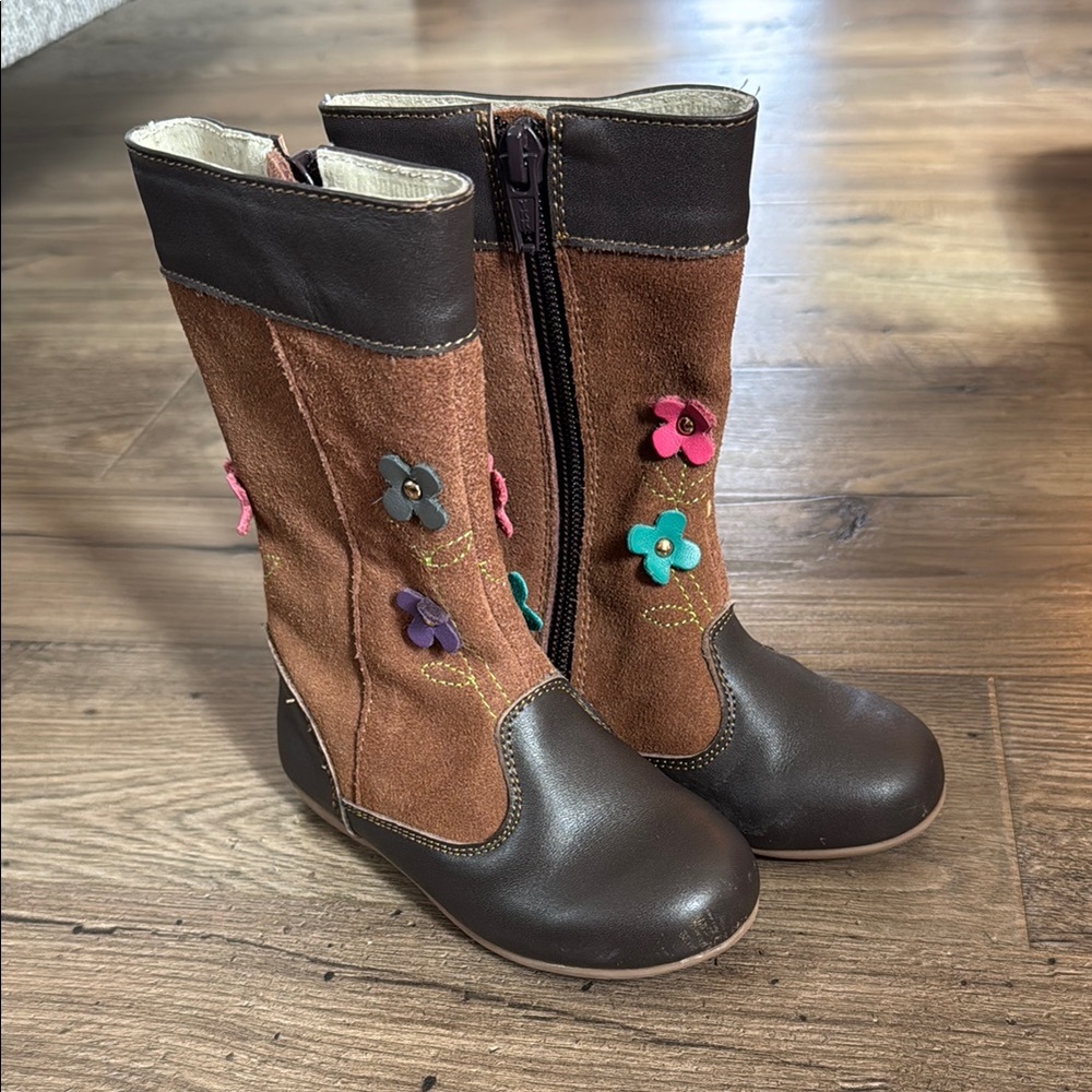 See Kai Run Brown and Tan Kids Boots with Colorful Flowers
